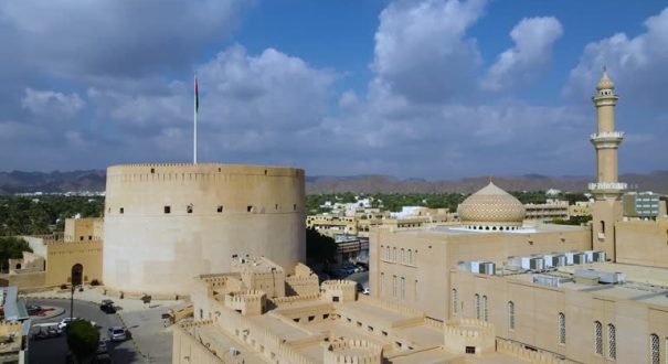 Aerial view of Nizwa Fort and Al Qala'a Mosque in Nizwa in Oman